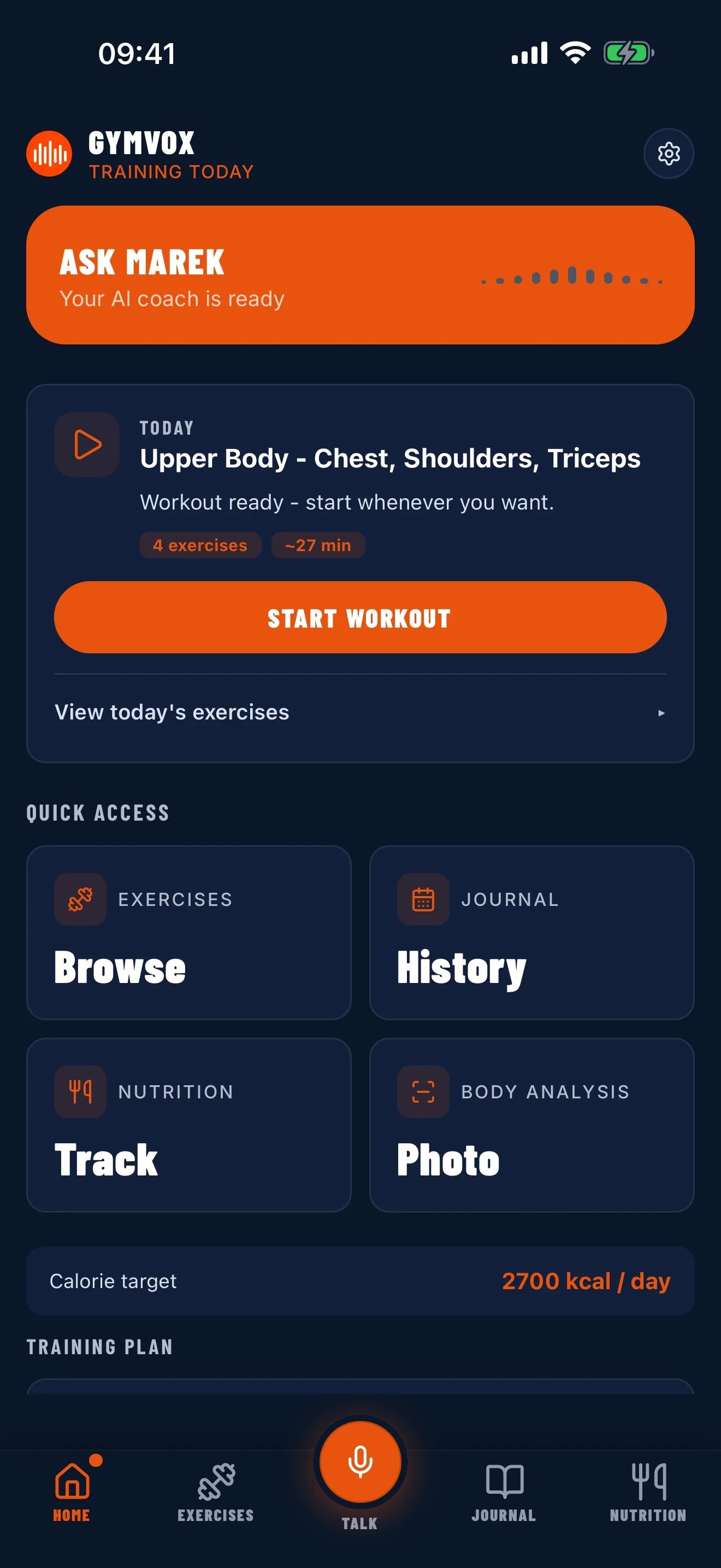 GymVox home screen with today's workout, a prompt to talk to the AI coach and shortcuts to the journal and nutrition