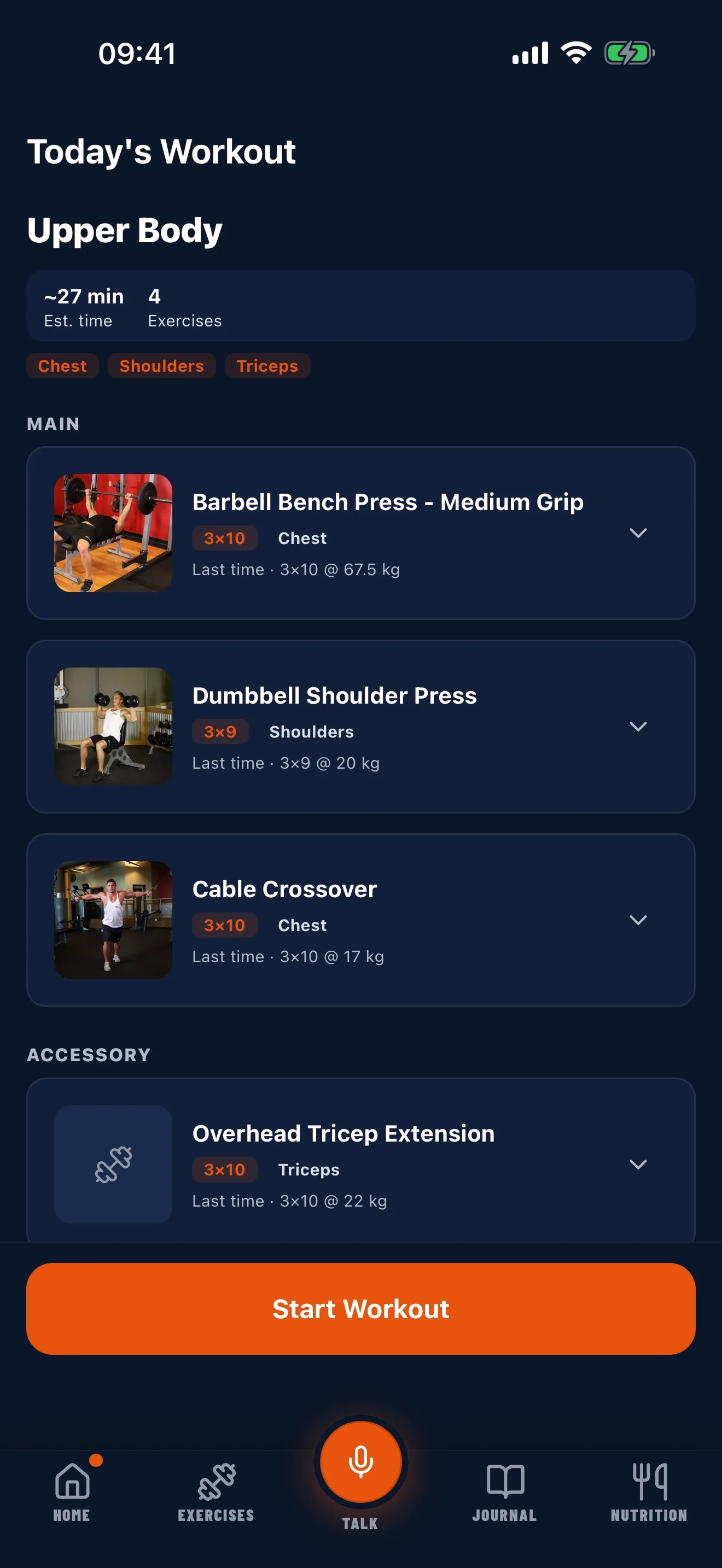 Today's GymVox workout: an upper body session listing each exercise with sets, reps and the loads used last time