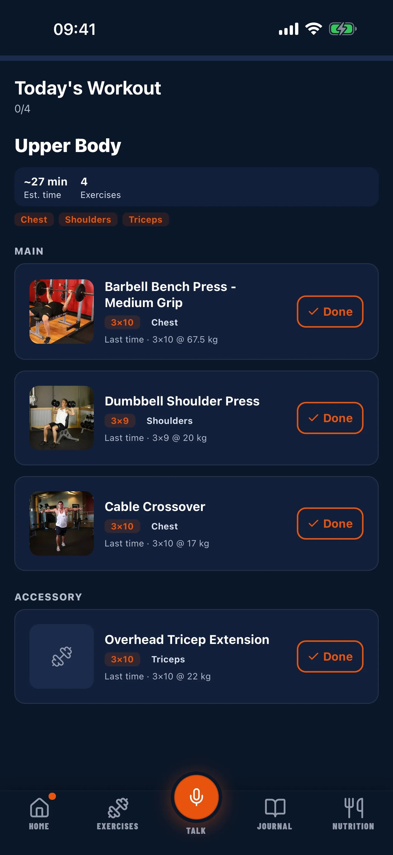 A GymVox workout in progress, with every exercise ready to be marked as done