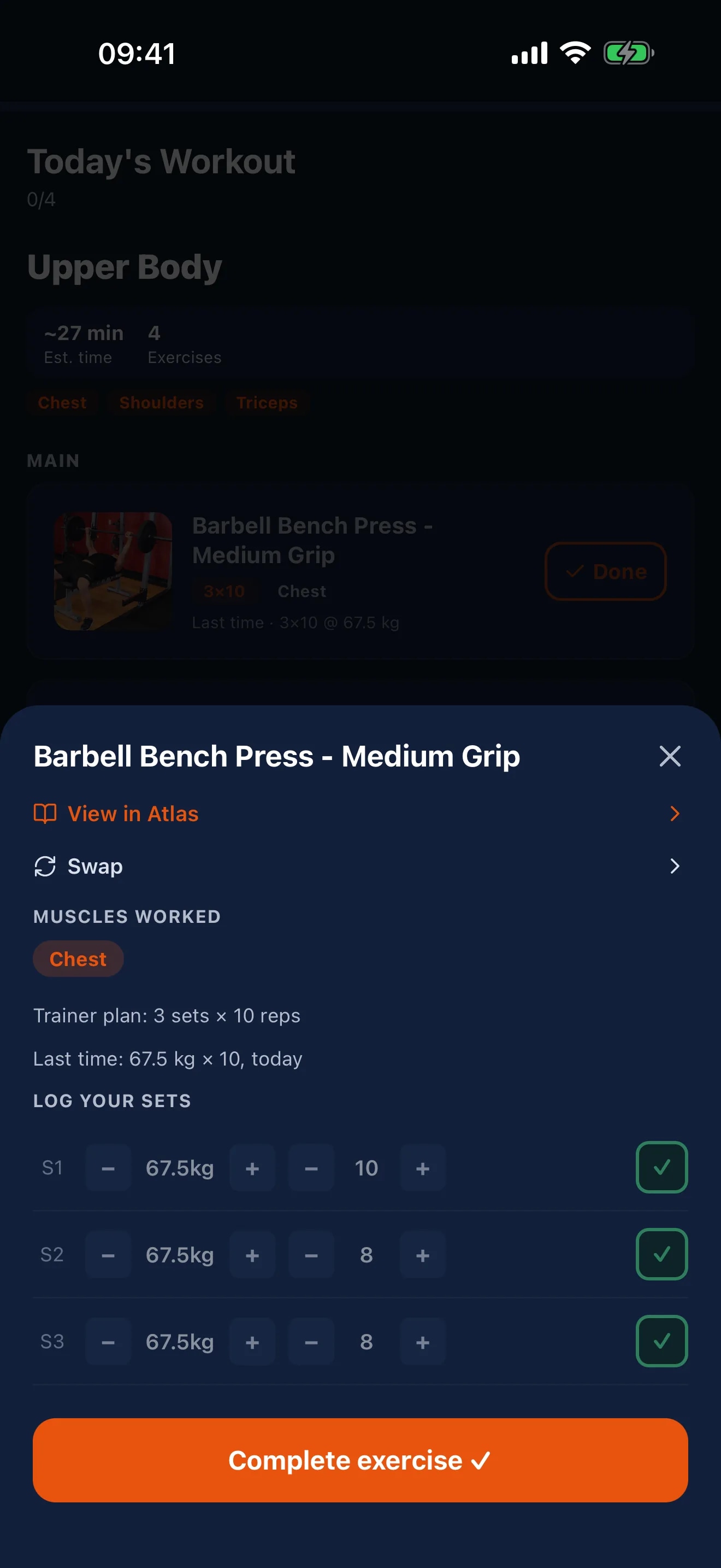 Logging a set in GymVox using weight and rep steppers, next to the sets the trainer prescribed