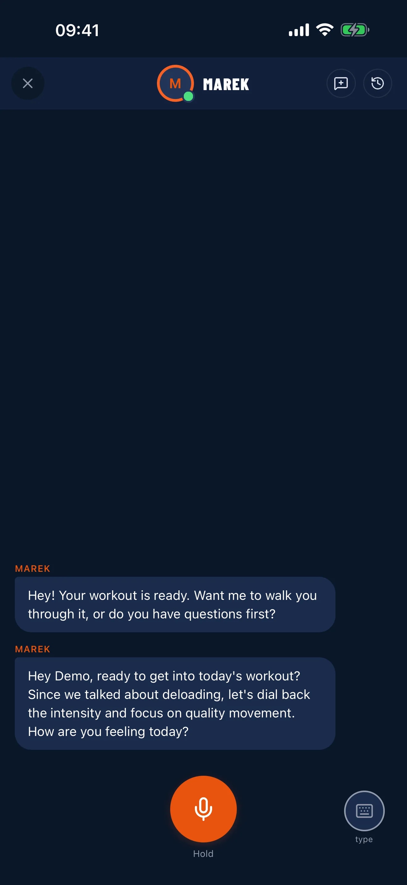 Talking to the GymVox AI coach, which opens the session by asking how you feel today