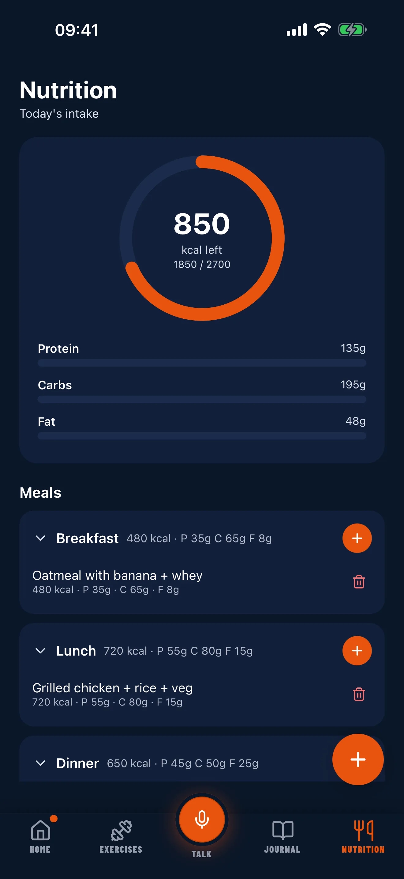 GymVox nutrition screen showing calories left for the day, macros and the meals already logged