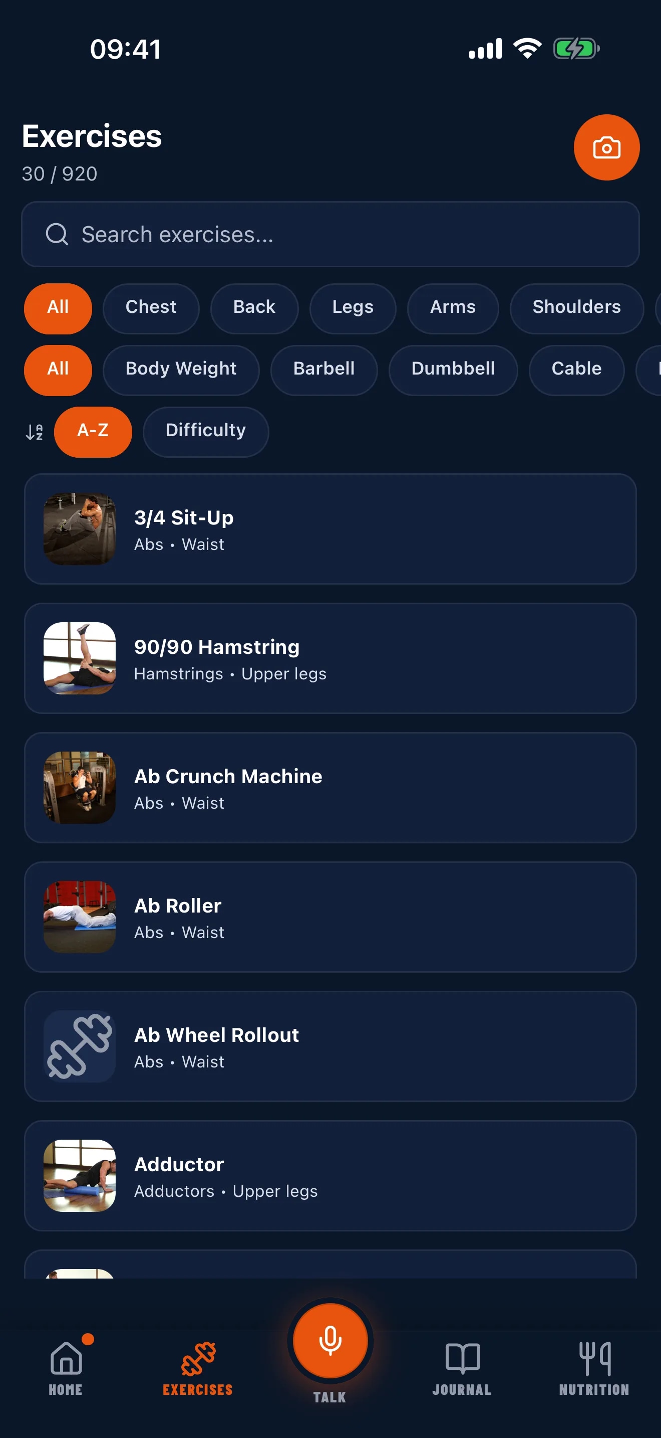 GymVox exercise atlas, a searchable library of exercises filtered by muscle group and equipment