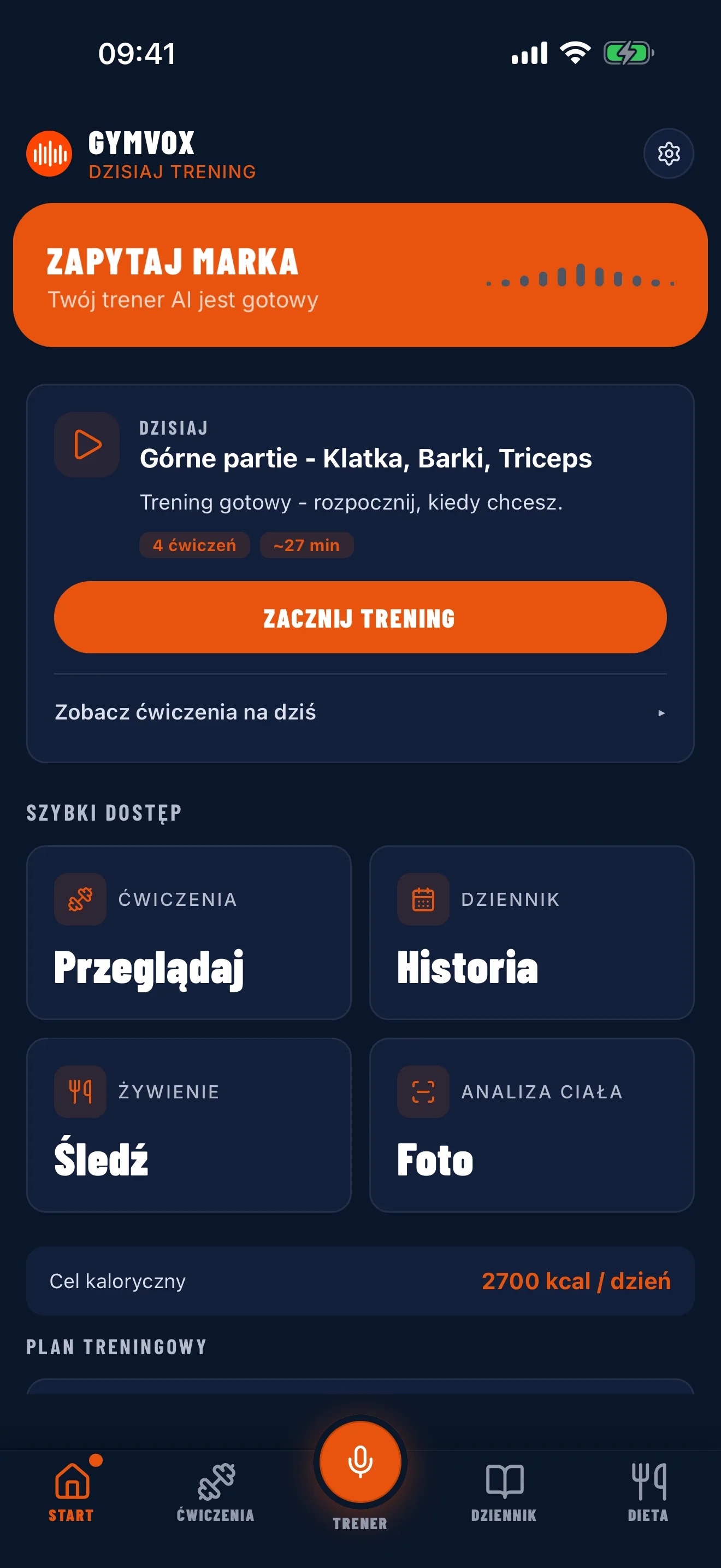Ekran główny GymVox z dzisiejszym treningiem, zachętą do rozmowy z trenerem AI i skrótami do dziennika oraz żywienia